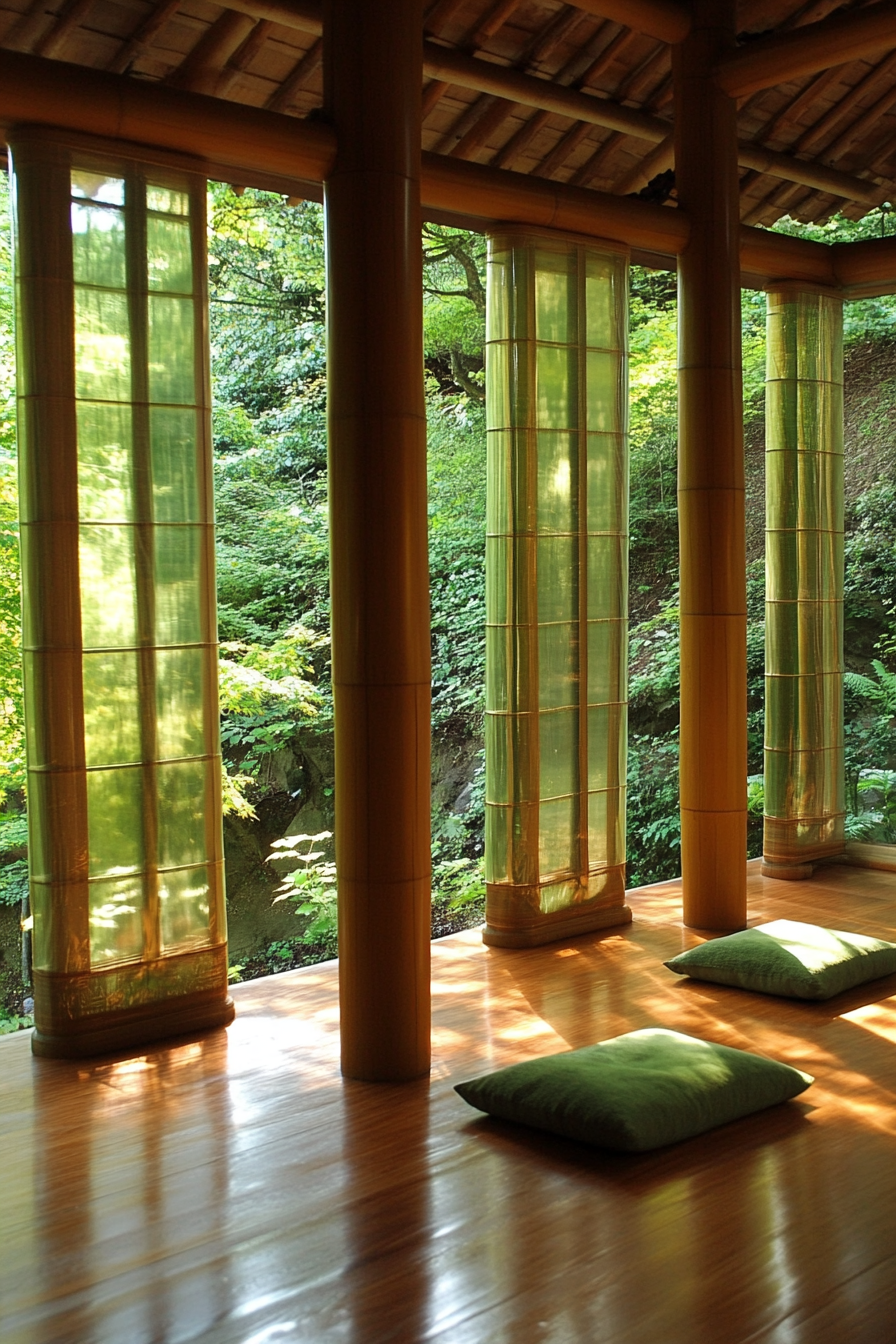 Elevated platform zen camp. Bamboo pillars supporting translucent shoji screens.