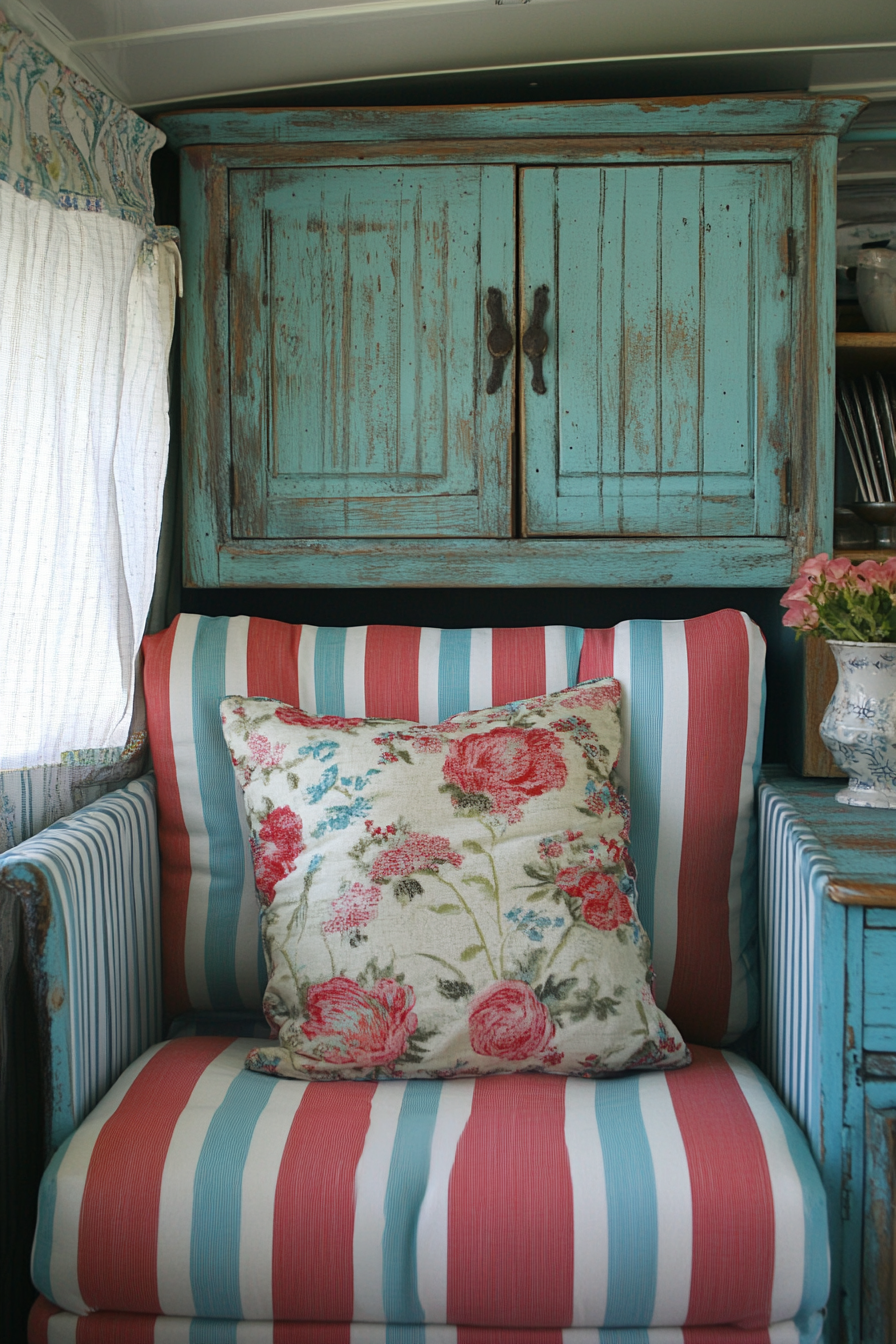 Seaside-inspired camper design. Distressed turquoise cabinet with chintz and striped upholstery.