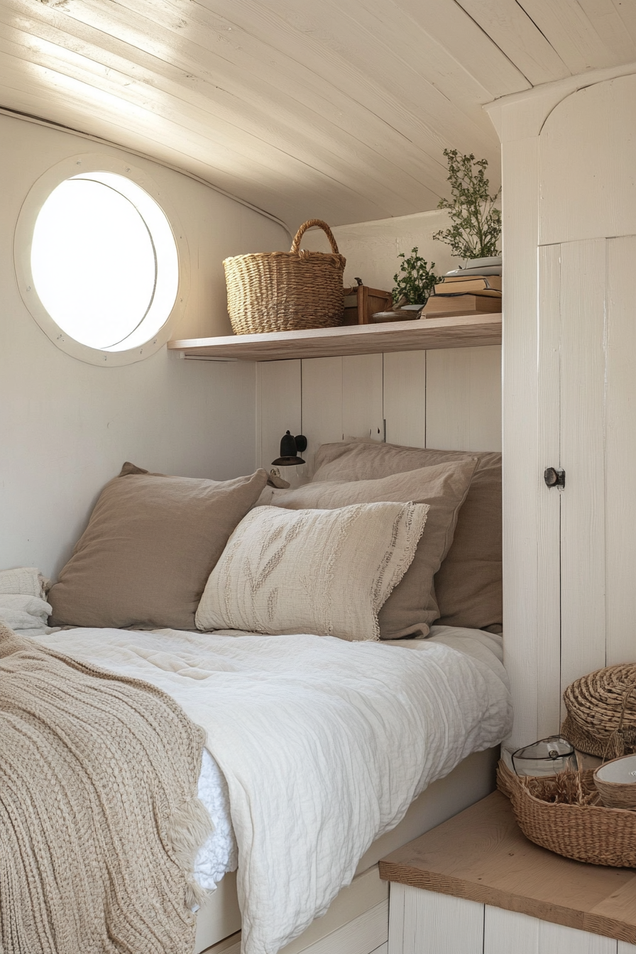 Tiny House Bedroom. Neutral tones, wall-mounted nightstands, hidden storage bed.