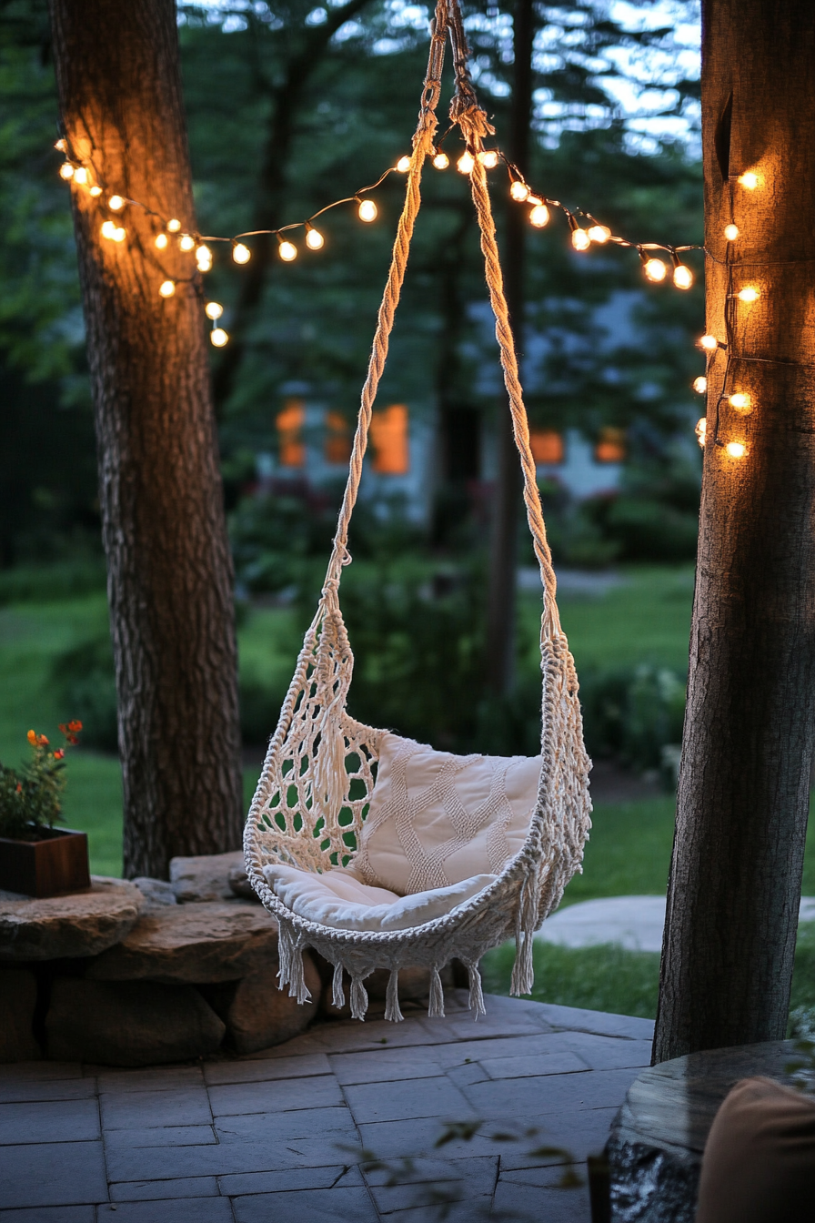 Bohemian patio. Macramé hanging chair under twinkling fairy lights.