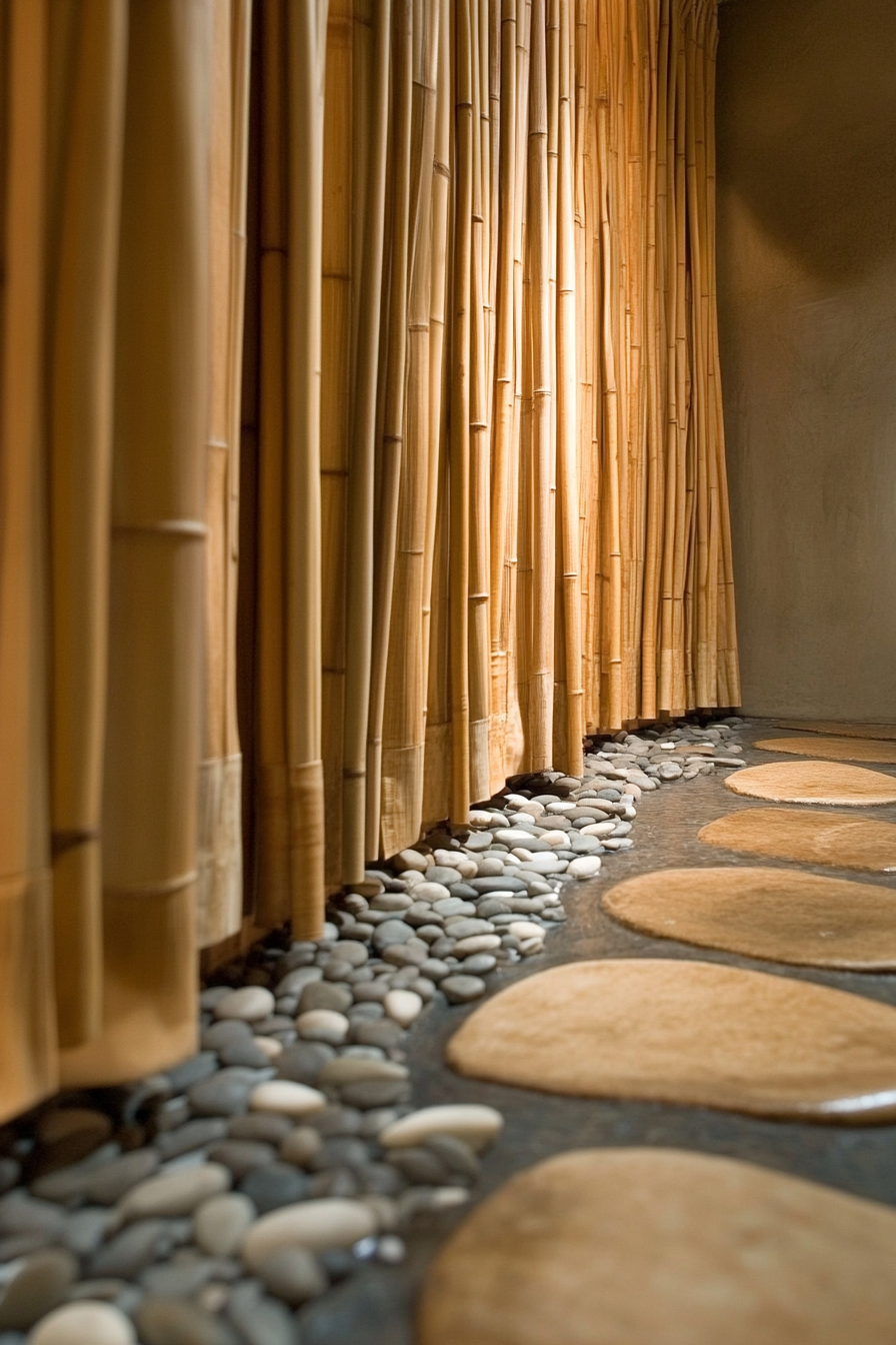 Tiny eco-bathroom concept. Bamboo shower curtain and river rock floor.