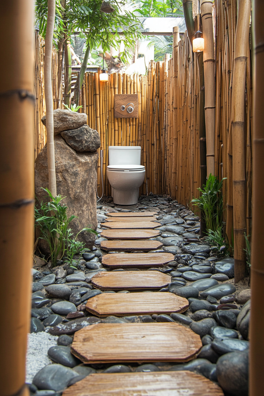 Tiny Eco-Bathroom Concept. Bamboo walls with river-rock flooring.