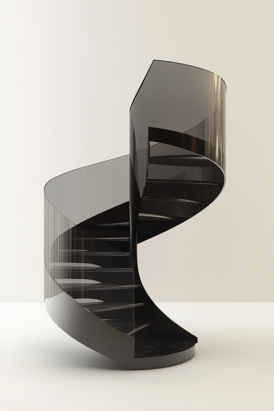 Spiral staircase micro-living concept. Matte black finish, glass banister.