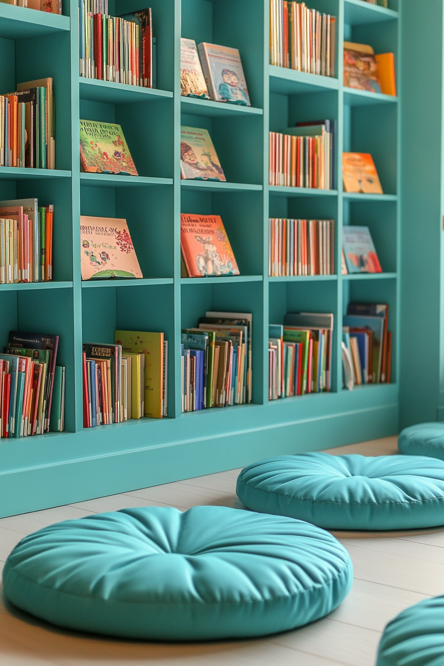 Child-sized library concept. Floor cushion in teal, accessible metal book display in baby blue.