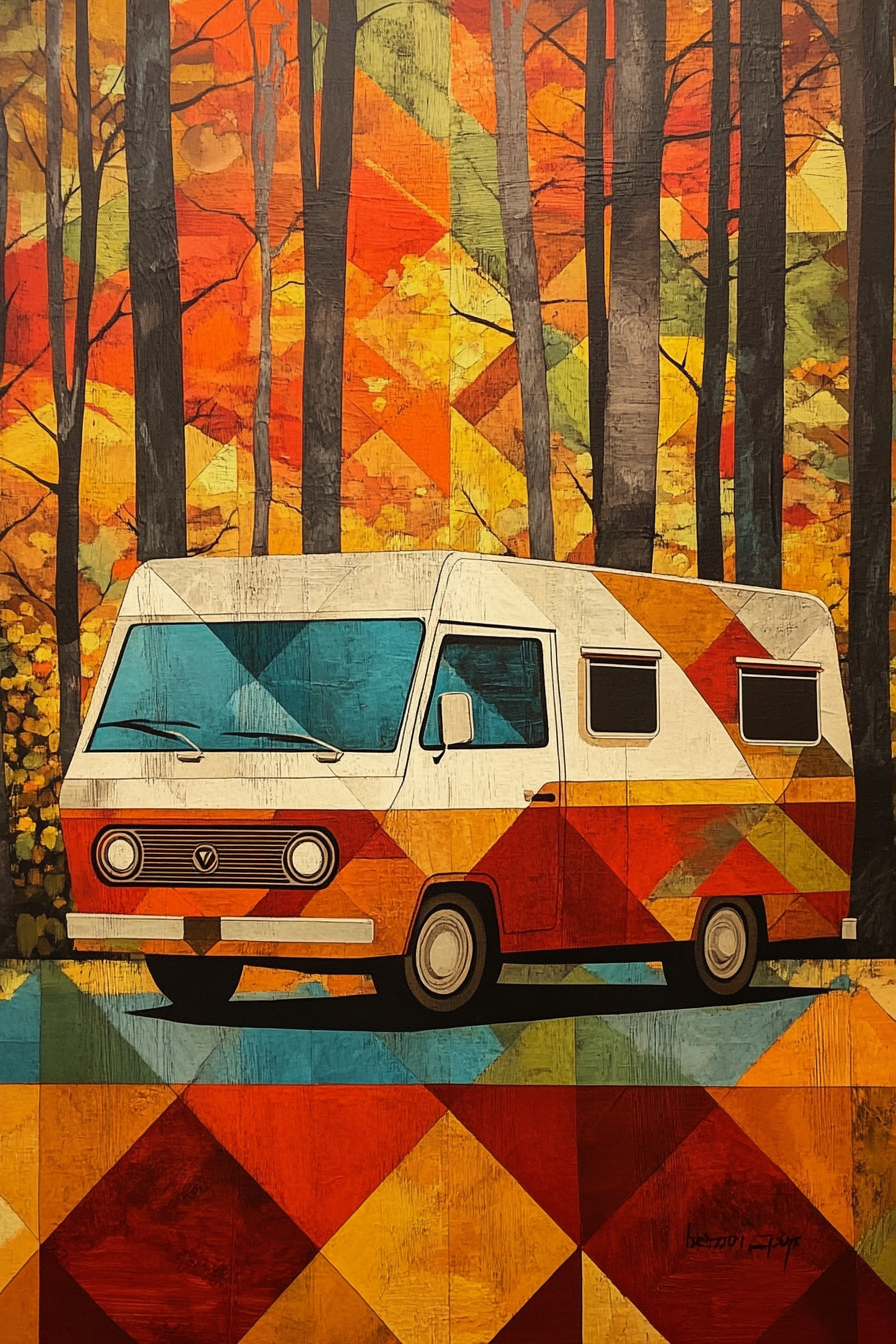 Fall RV decor. Geometric Bauhaus-inspired painting with autumn colors.