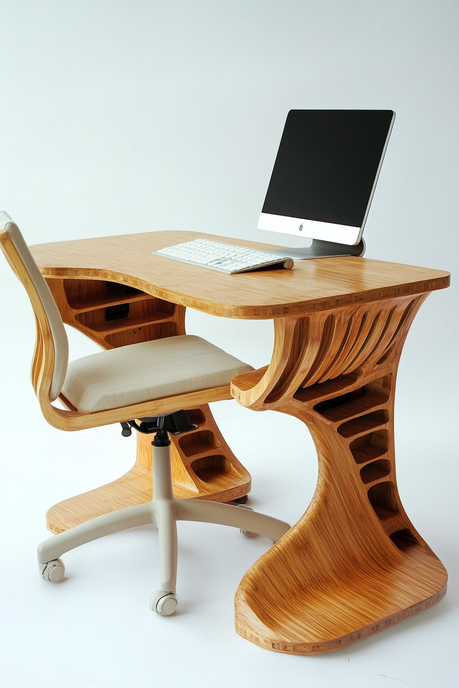 Mobile workspace design. Bamboo desk with neutral-toned ergonomic chair.