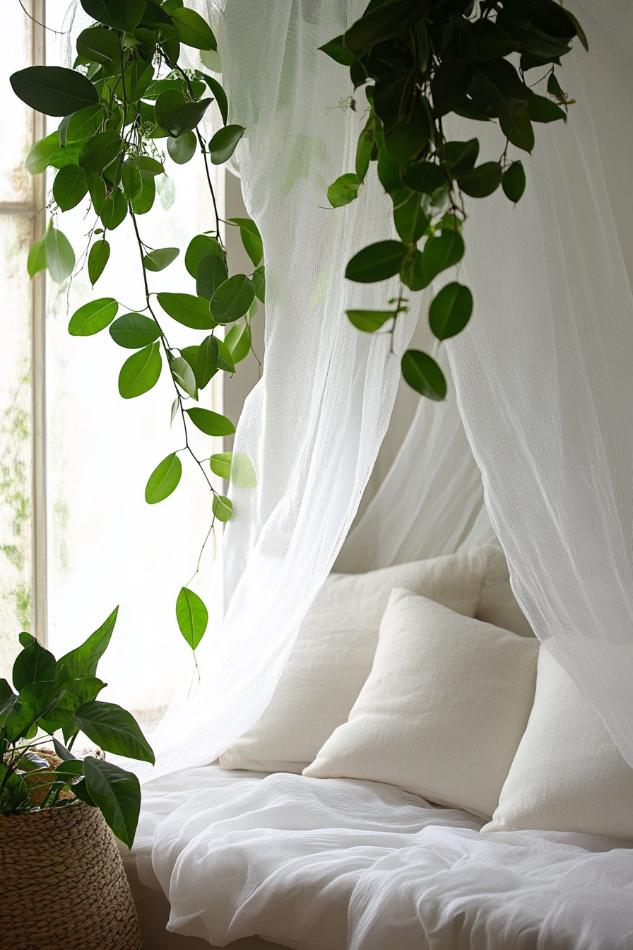 Sleeping nook. White mosquito net drape and hanging rubber plant.