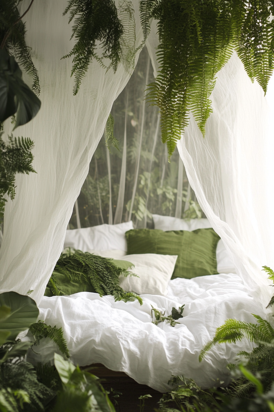 Sleeping nook. White mosquito net drapes with lush green ferns surrounding.