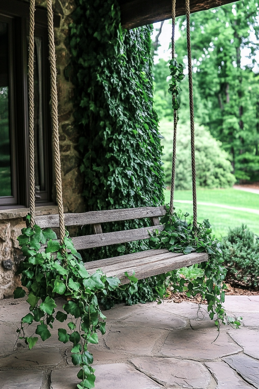 Cottagecore outdoor space. Rustic wooden swing draped in ivy.