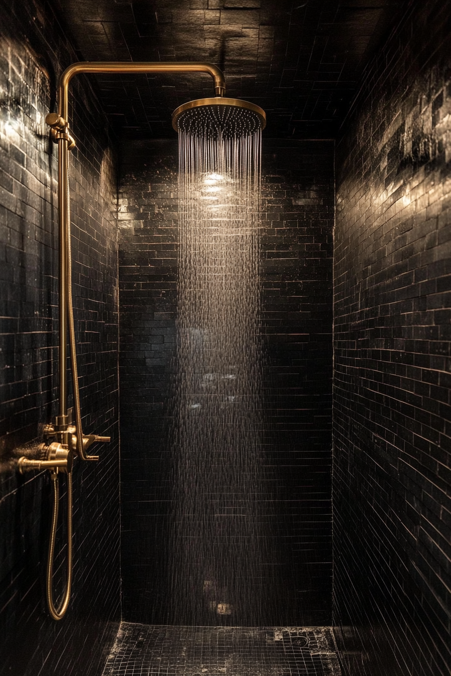 Tiny Beach House Shower. Onyx black tiles with gold-finished showerhead.