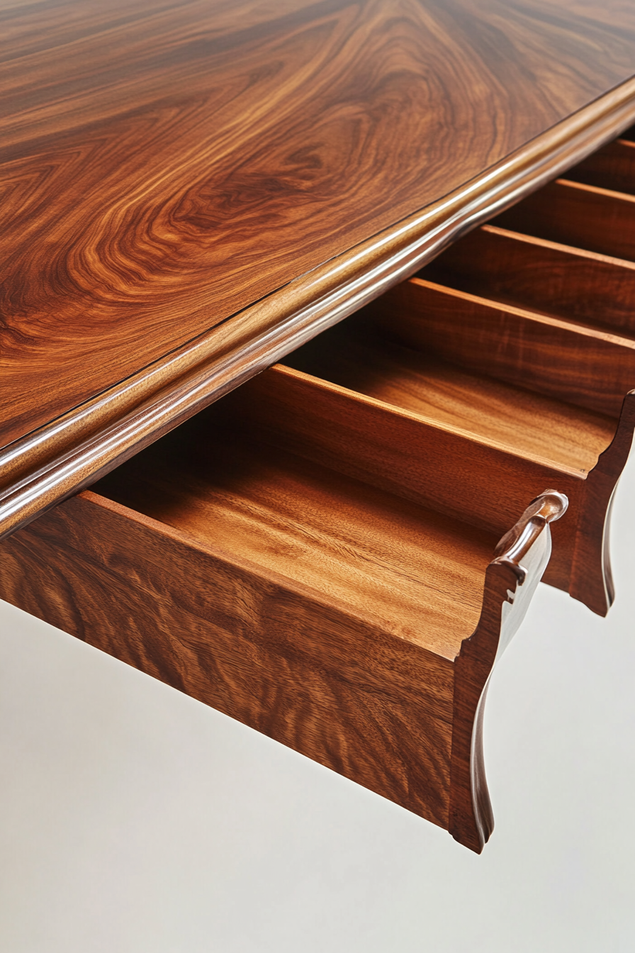 Hidden compartment dining table. Rectangular, mahogany, fold-out extensions.