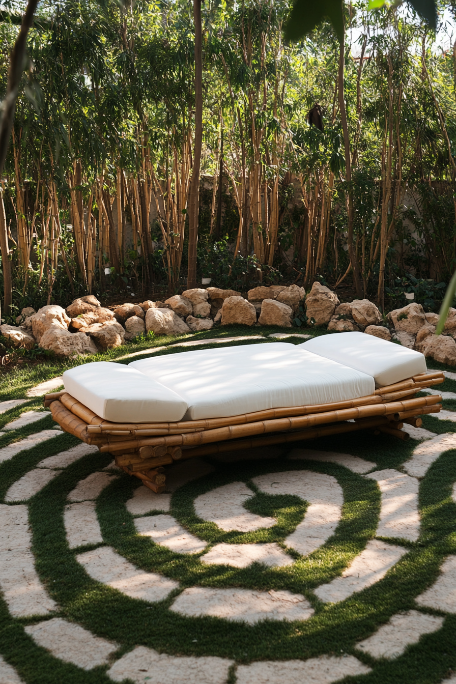 Outdoor massage table. Bamboo with plush white cushions. Meditation labyrinth layout. Octagonal moss-stone pattern.