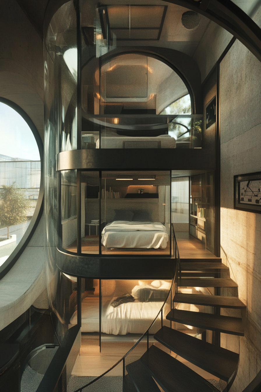 Micro living concept. Spiral staircase leading to rectangular top floor with 360-degree glass walls.