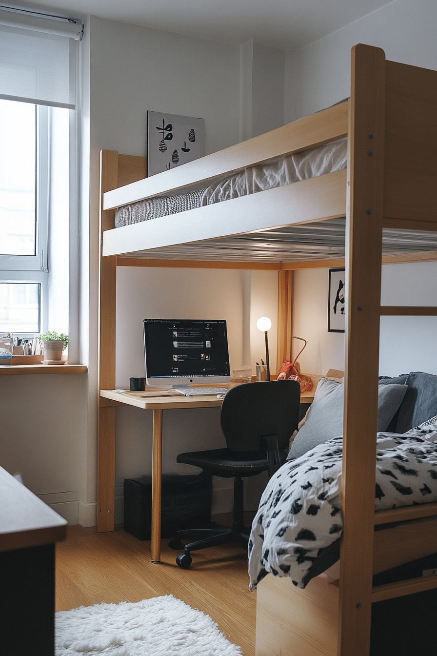 Japandi student dorm room. Light wooden bunk bed with minimalist desk setup.