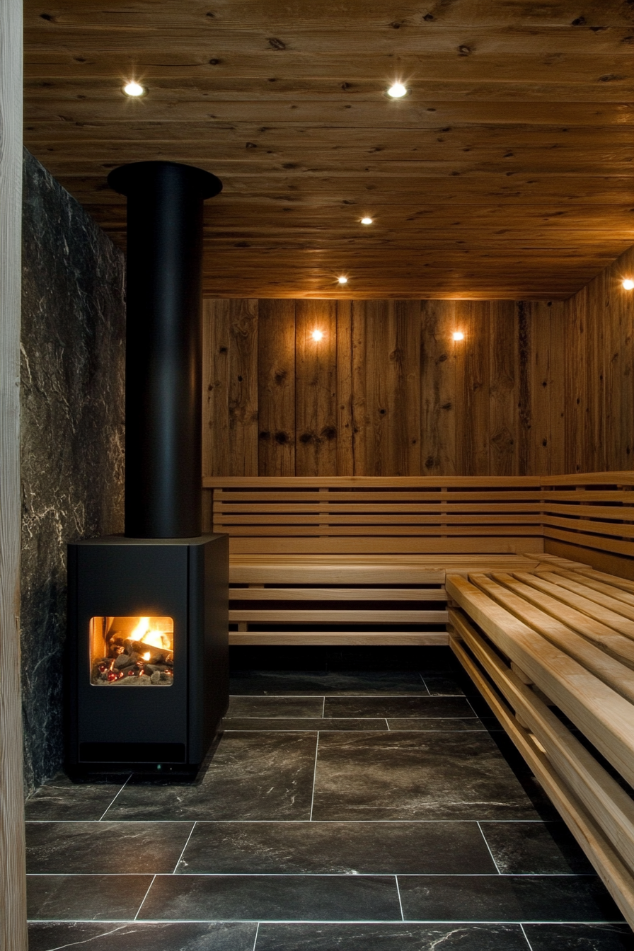 Sauna room design. Sleek wood-burning stove, pine tiered benches.