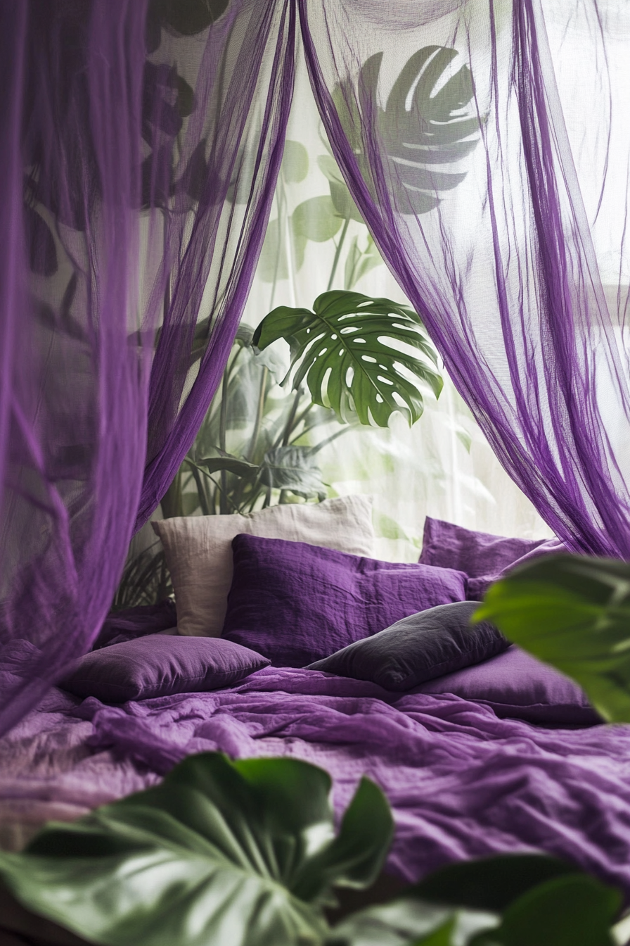 Sleeping nook. Violet mosquito net drapes and scattered monstera leaves.