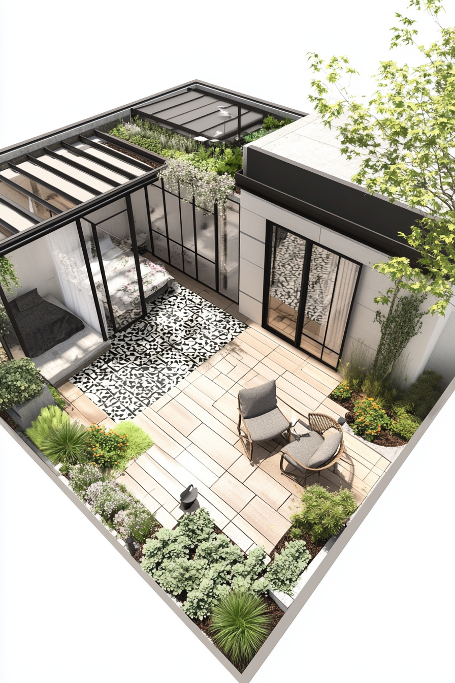 Tiny house roof terrace layout. Monochrome palette, succulent green roof garden.