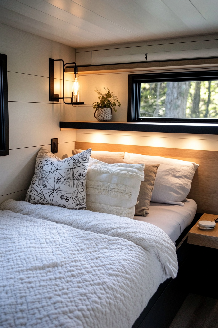 Minimalist tiny house bedroom. Wall-mounted steel nightstands with soft underglow, white icing color tone bedspread.