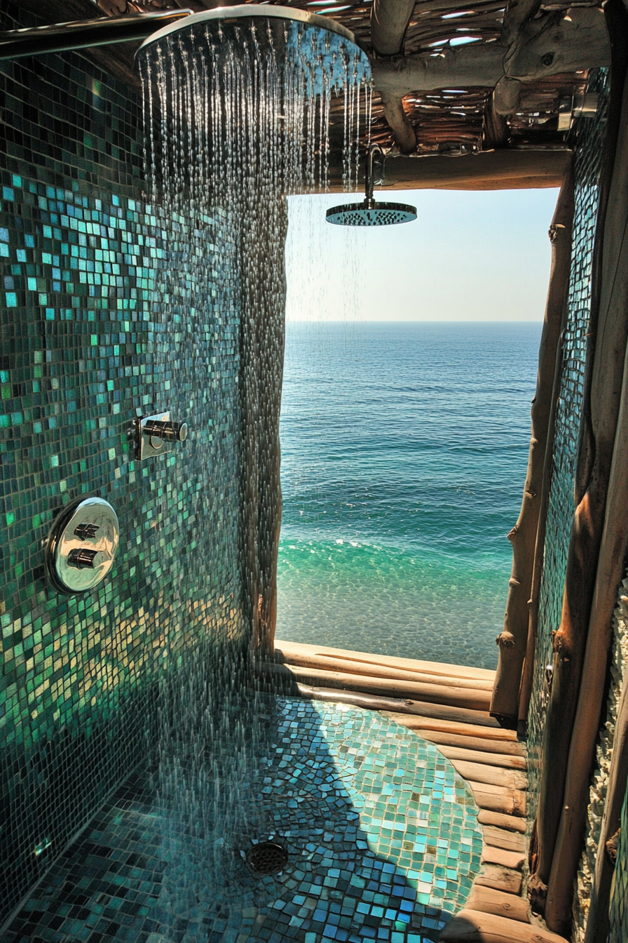 Tiny Beach House Shower. Glass-paneled, mosaic-tiled walk-in shower with a suspended rainfall shower head.