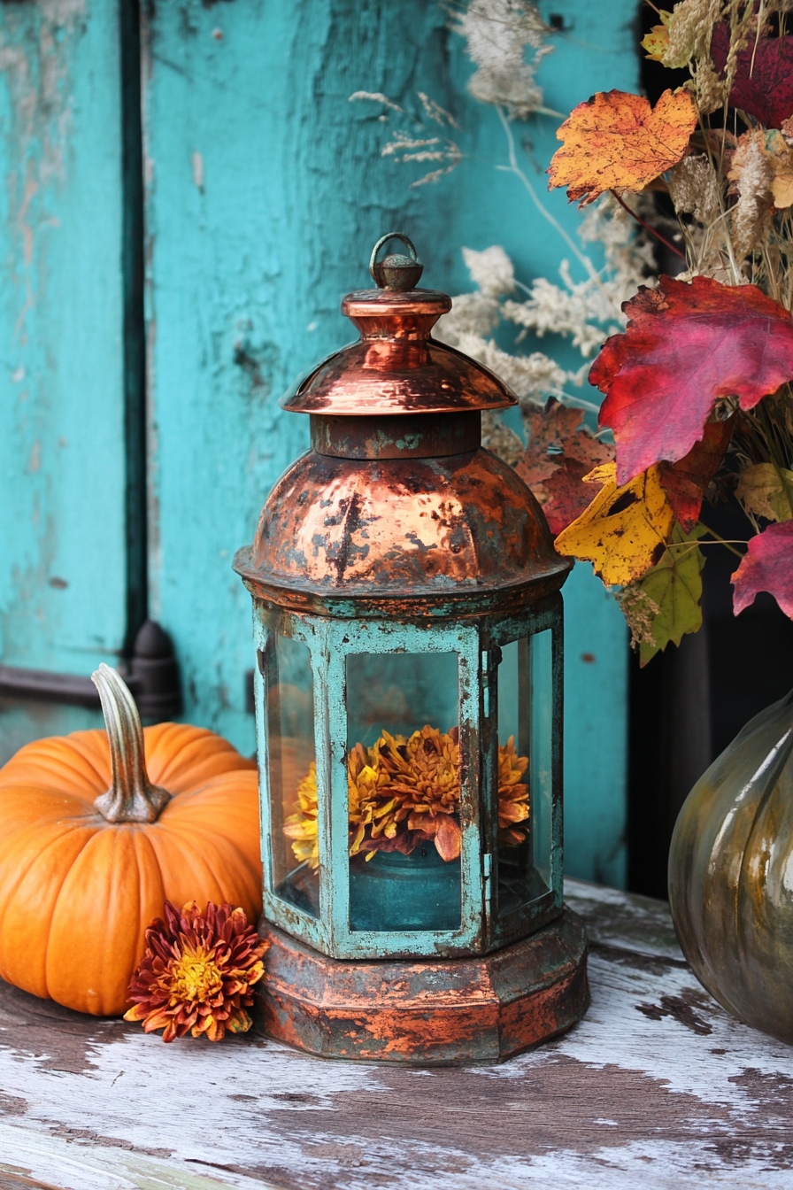 Fall RV decor. Copper-patinaed vintage lantern on worn-out wooden table.