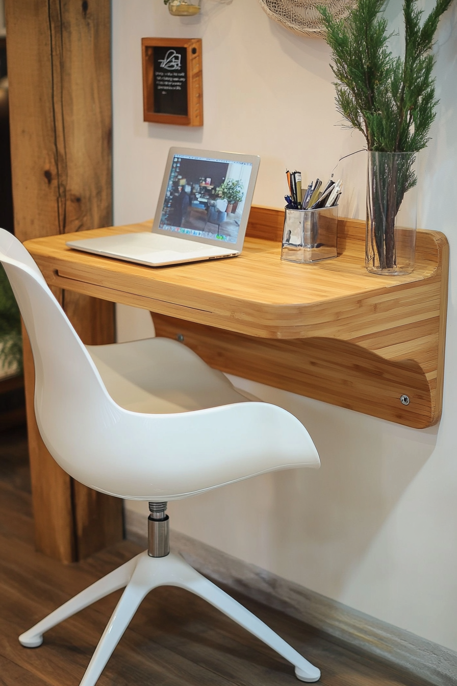 Compact workspace idea. Bamboo desk with white swivel chair.