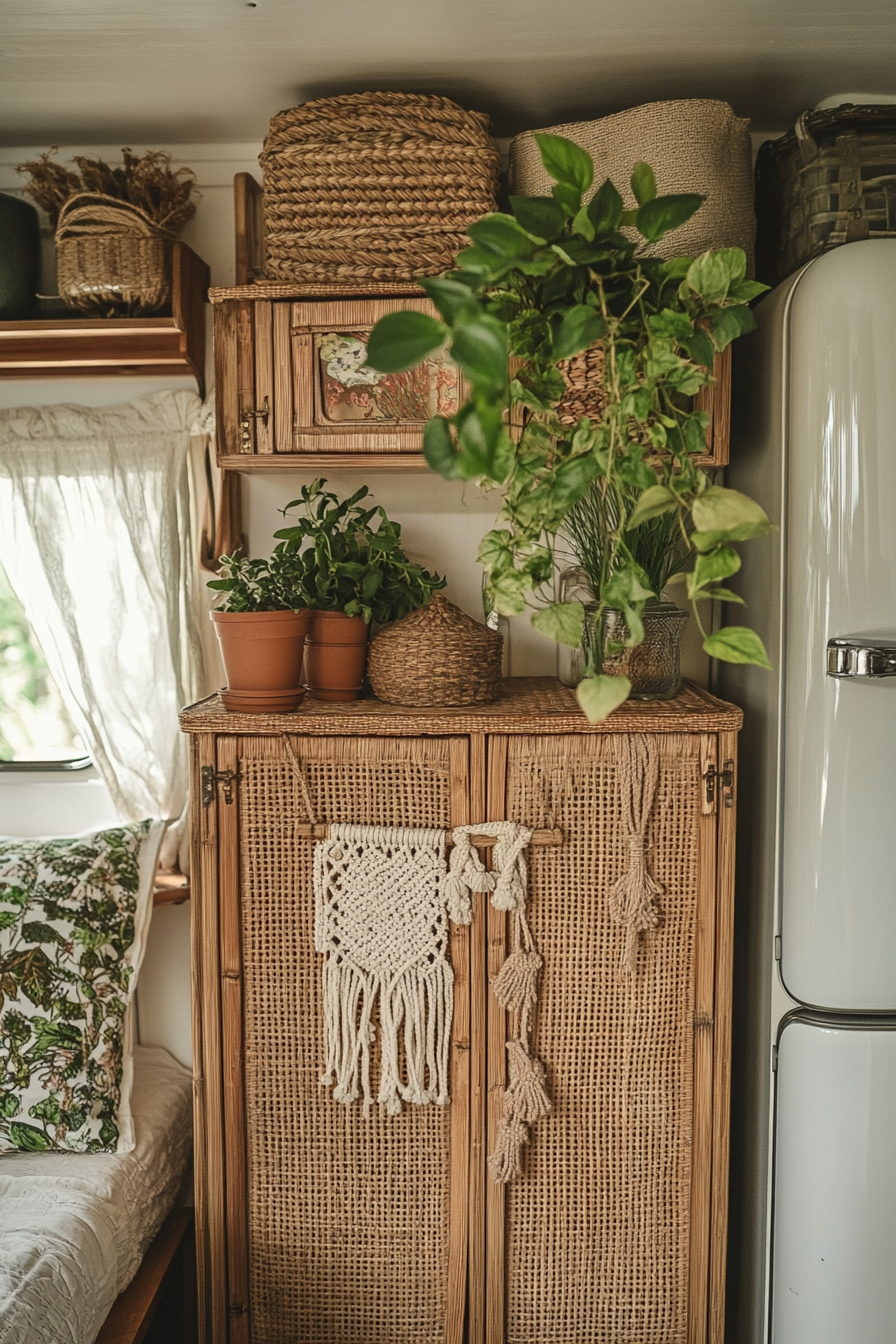 Bohemian camper kitchen. Rattan cabinet with macramé plant hangers.