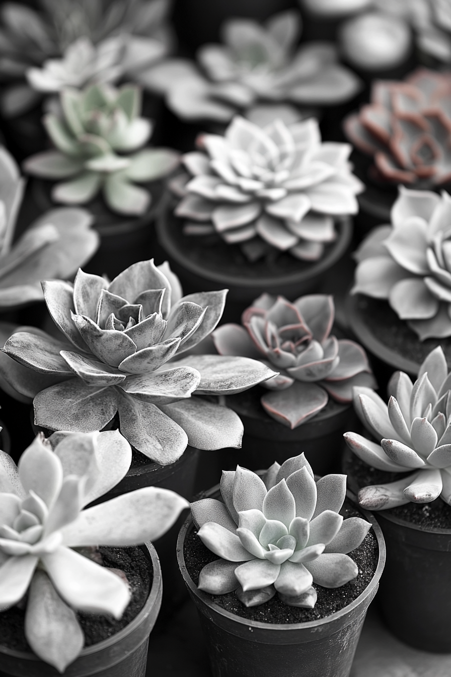 Tiny house roof terrace layout. Various sizes of monochrome succulents placed randomly.