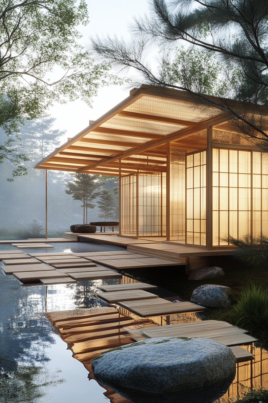 Elevated platform zen camp concept. Floating timber frame with translucent daylit shoji screens.