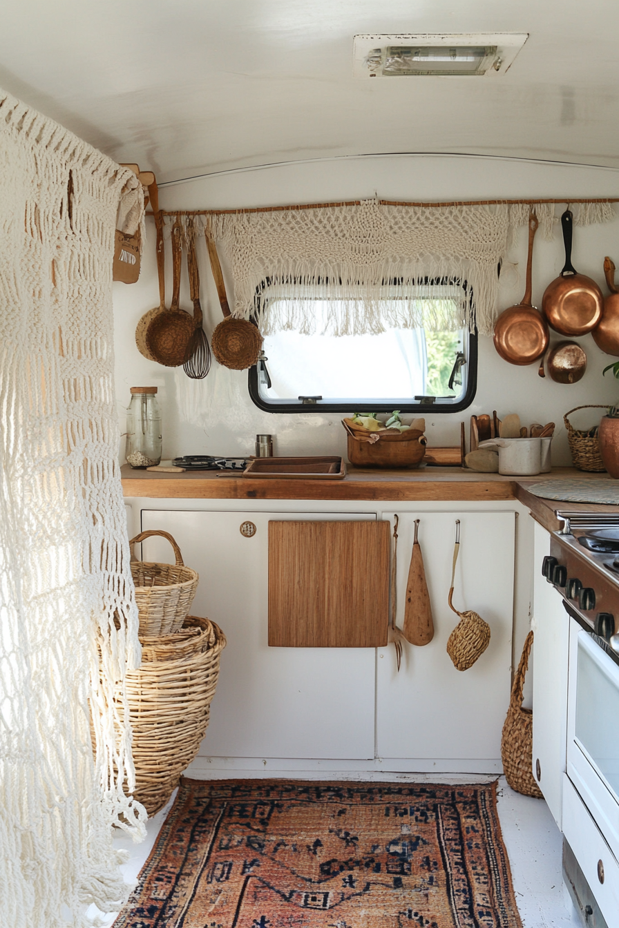 Bohemian camper kitchen. Macramé curtain and rattan cooking utensils.