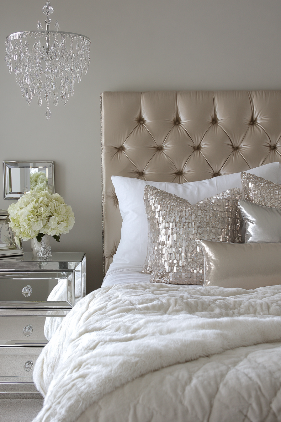 Luxury sleeping space. Metallic geometric headboard, mirrored cube-shaped nightstands, crystal drop sconces.