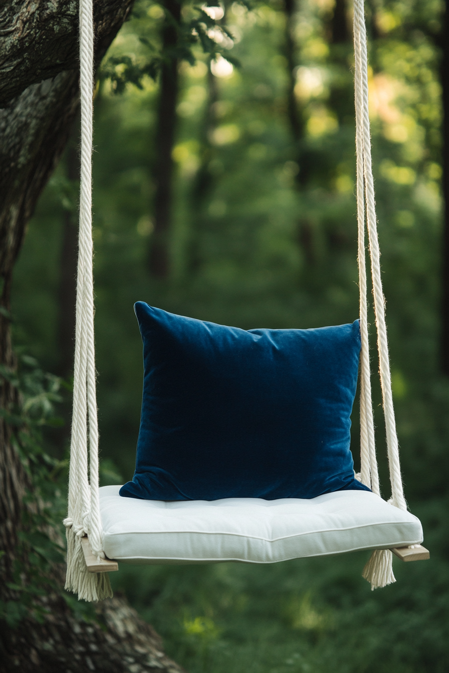 Reading sanctuary. Blue velvet cushion on white rope swing chair.