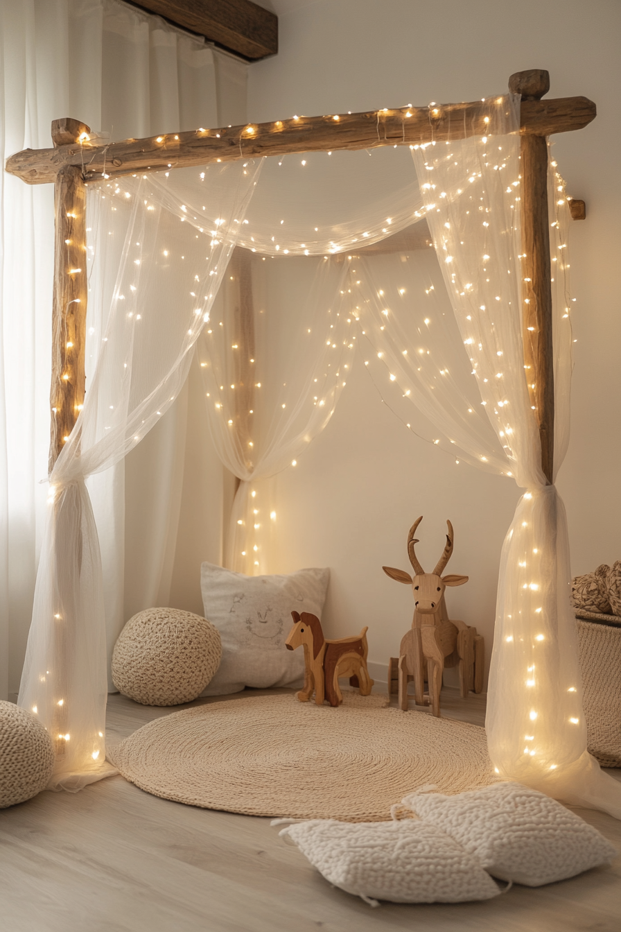 Dreamy play area. Silk canopy adorned with fairy lights and wooden toy animals display.