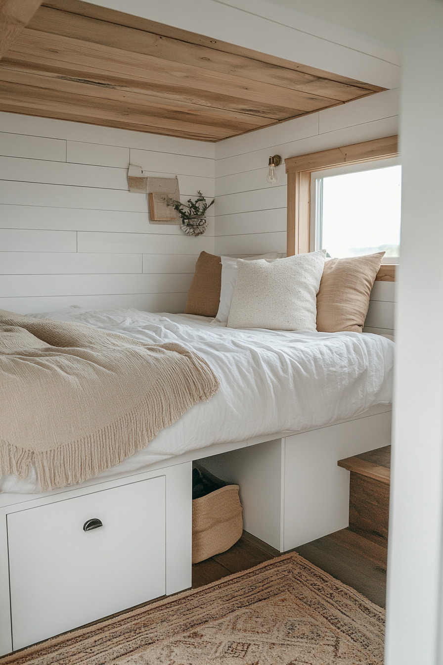 Minimalist tiny house bedroom. White walls, neutral color palette, wall-mounted nightstands, hidden storage bed.