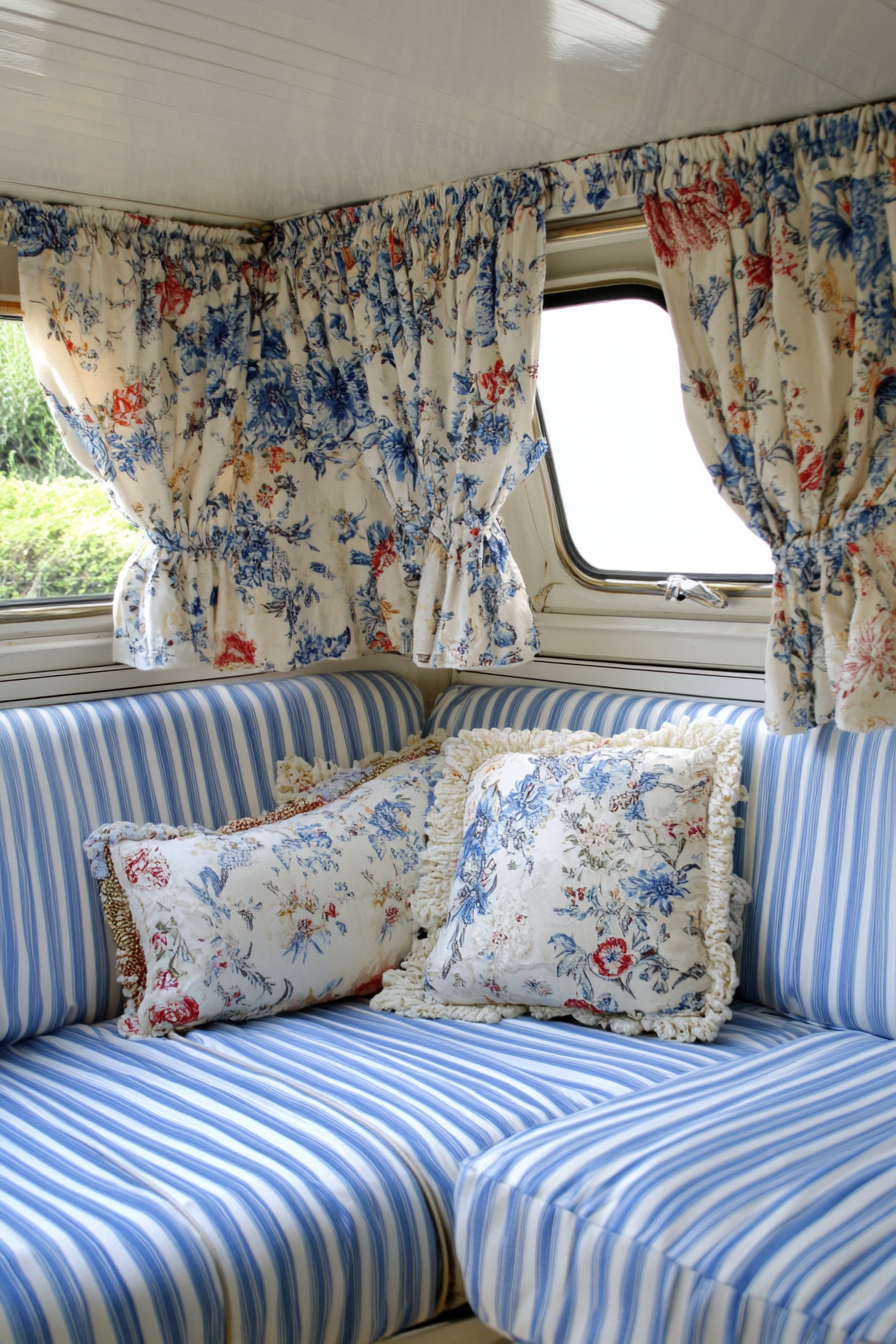 Camper design. Striped blue and white upholstery with chintz floral curtains.