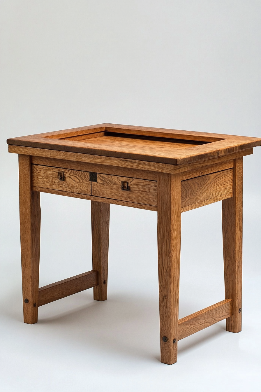 Hidden compartment dining table. Small, wooden rectangular expansion with central hidden drawer.