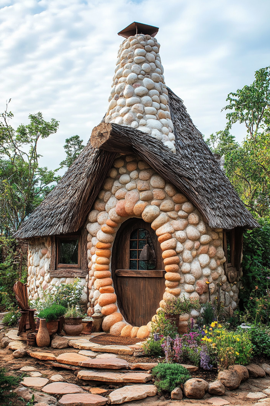 Micro home design. Crooked chimney with cobblestone and thatch roof.