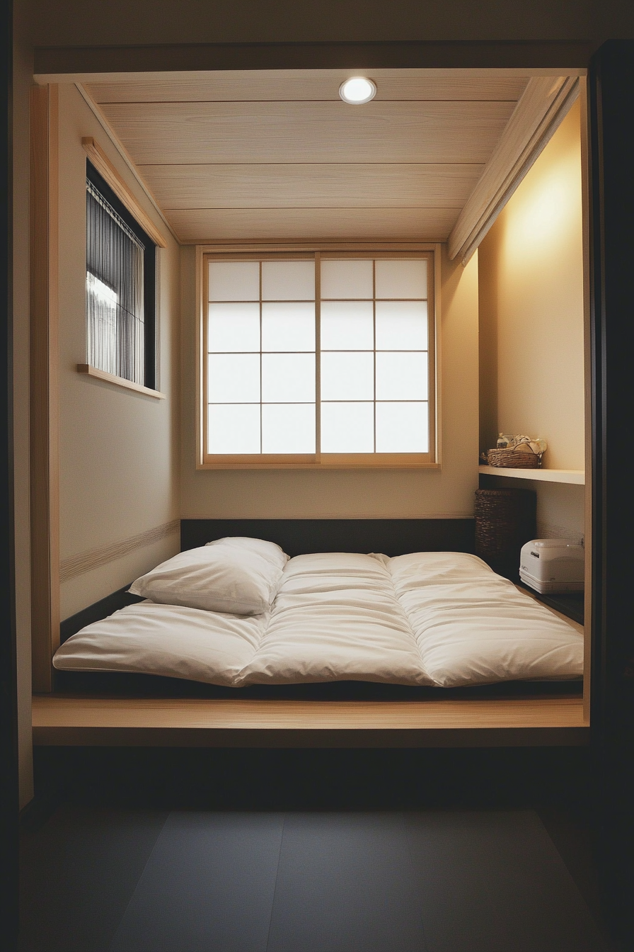 Micro bedroom design. Minimalist black tatami floor with white futon bed.