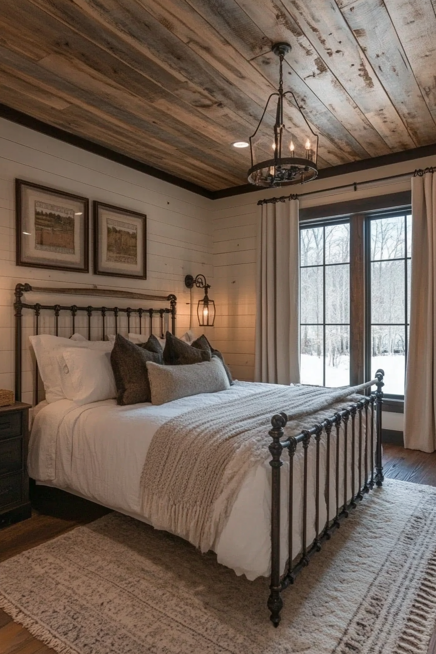 Rustic-chic bedroom. White shiplap ceiling with a vintage iron bed frame.