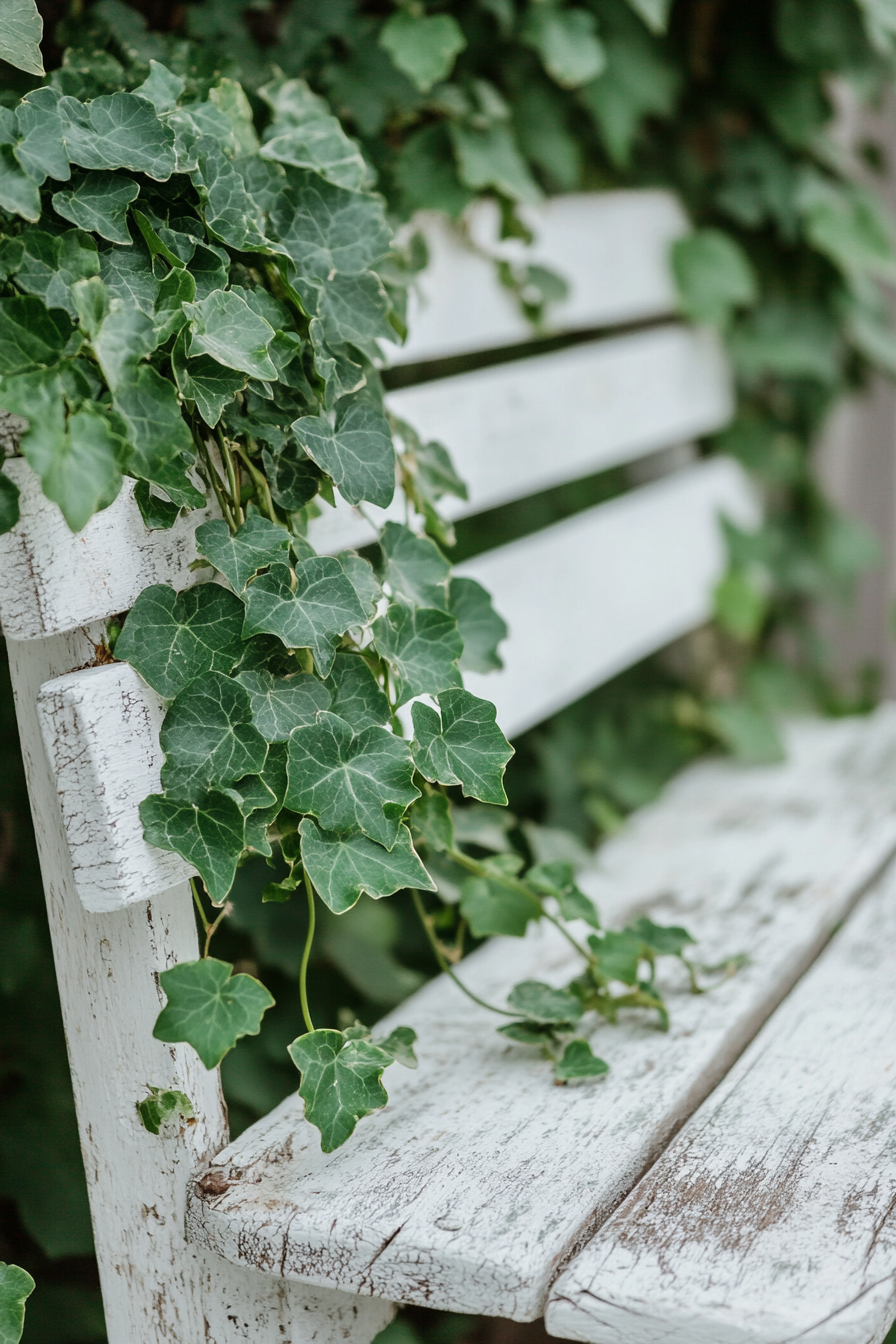 Cottagecore outdoor space. Green ivy crawling up a vintage white garden bench.