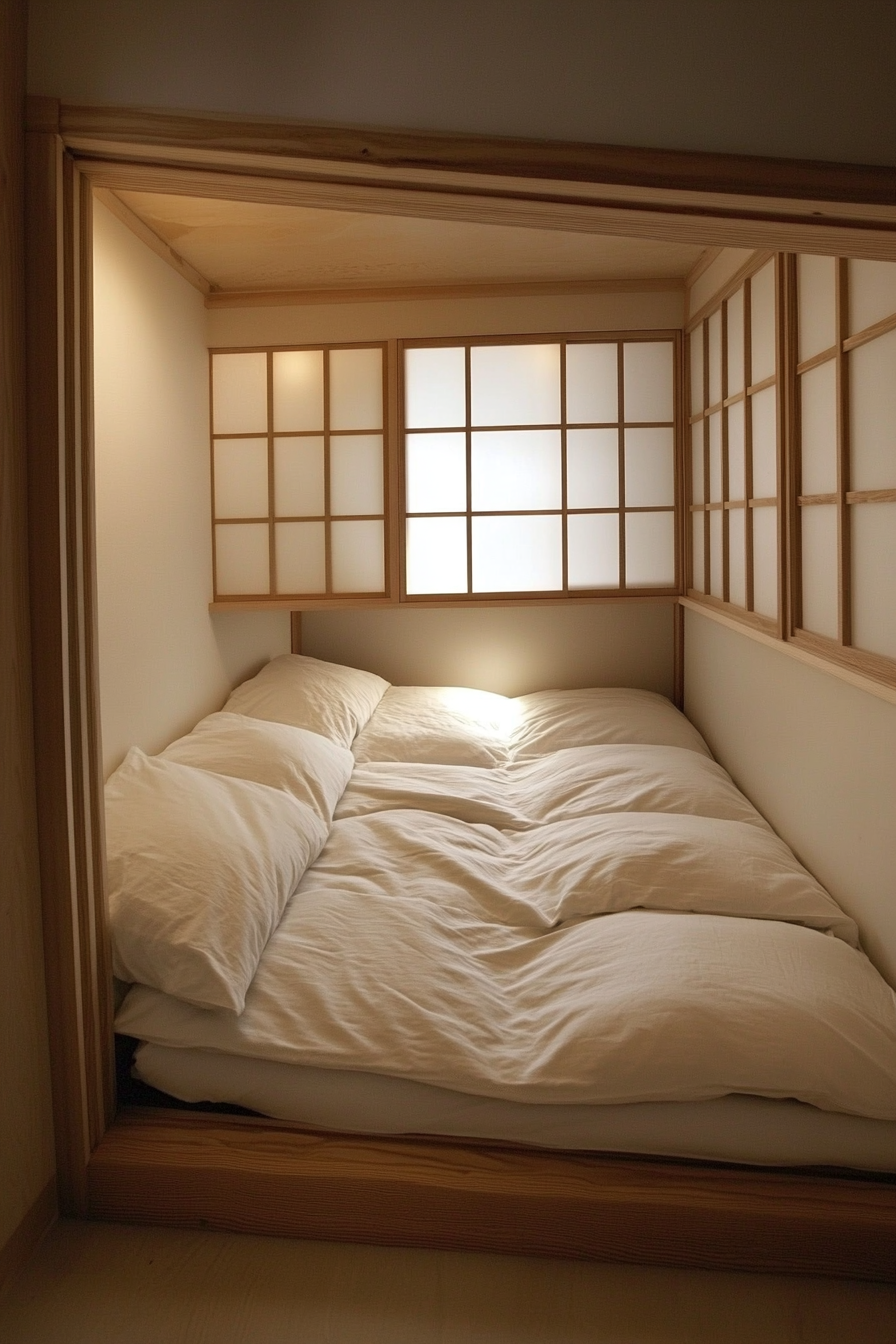 Micro Bedroom Design. Tatami mat flooring and white shoji screens.