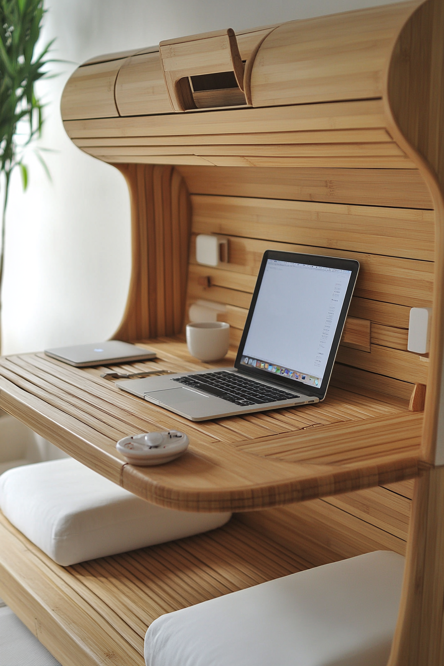 Mobile workspace design. Bamboo furniture with white minimalistic accents.