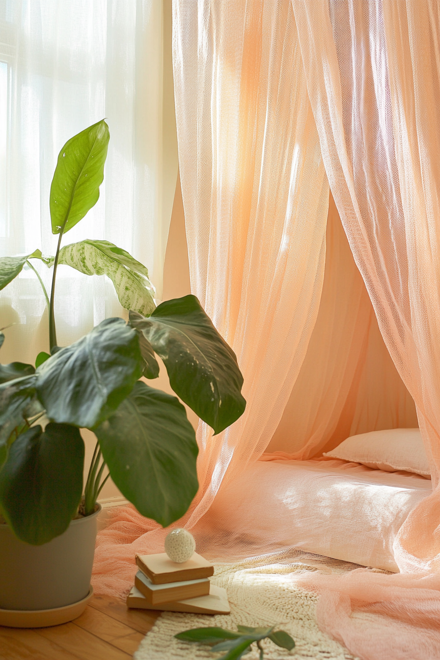 Sleeping nook. Peach mosquito net drapes, monstera plant nearby.