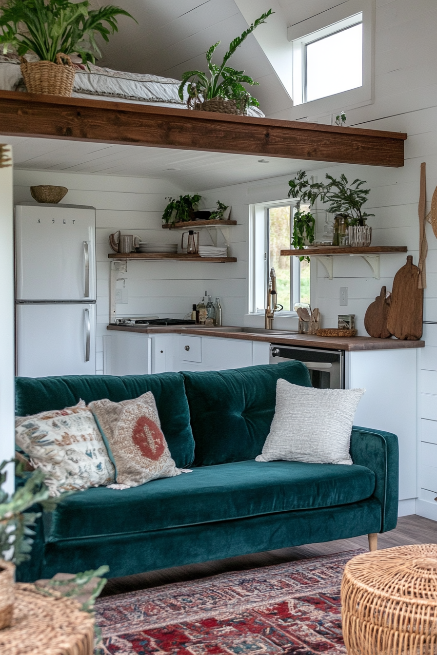 Bohemian tiny home upper level design. Velvet teal sofa with rattan accents.