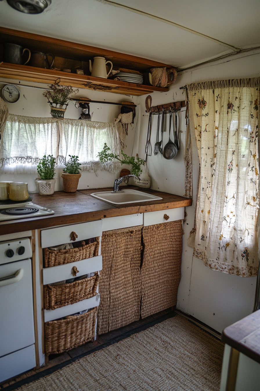 Camper kitchen. Rattan cabinets with macramé curtains and rustic wooden countertop.