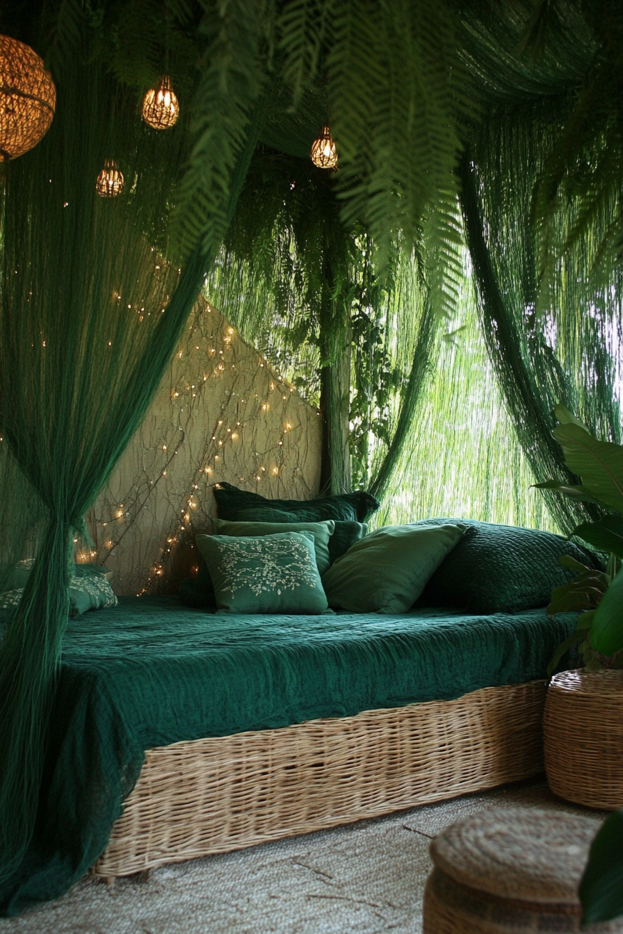 Sleeping nook. Deep green mosquito net drape, verdant ferns, woven seagrass bed frame.