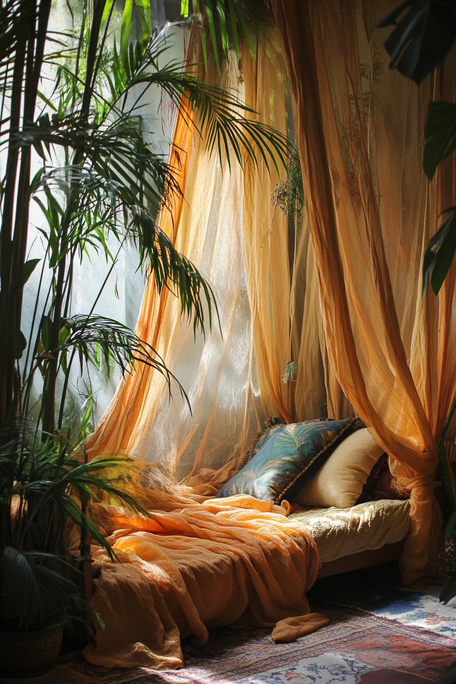 Sleeping nook. Mosquito net draping over small bamboos, Ferns and Bird of Paradise.