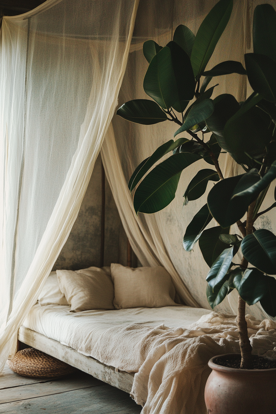 Sleeping nook. Mosquito net drape around a four-poster bed with large rubber tree plant.