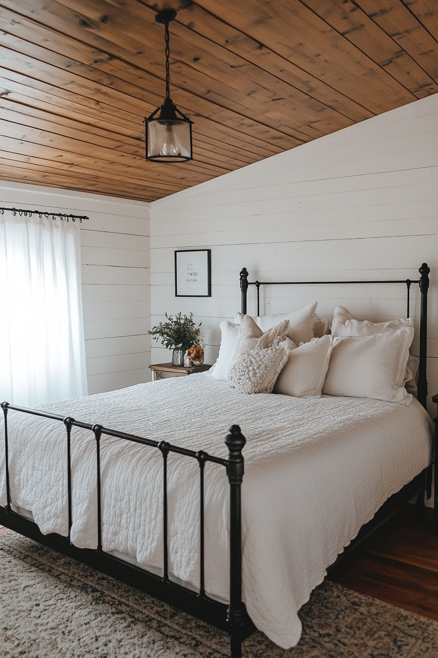 Rustic-chic bedroom. Shiplap ceiling, black iron bed frame and white bedding.