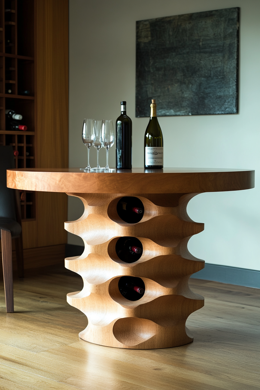 Dining table for small spaces. Built-in wine rack in table's pedestal.