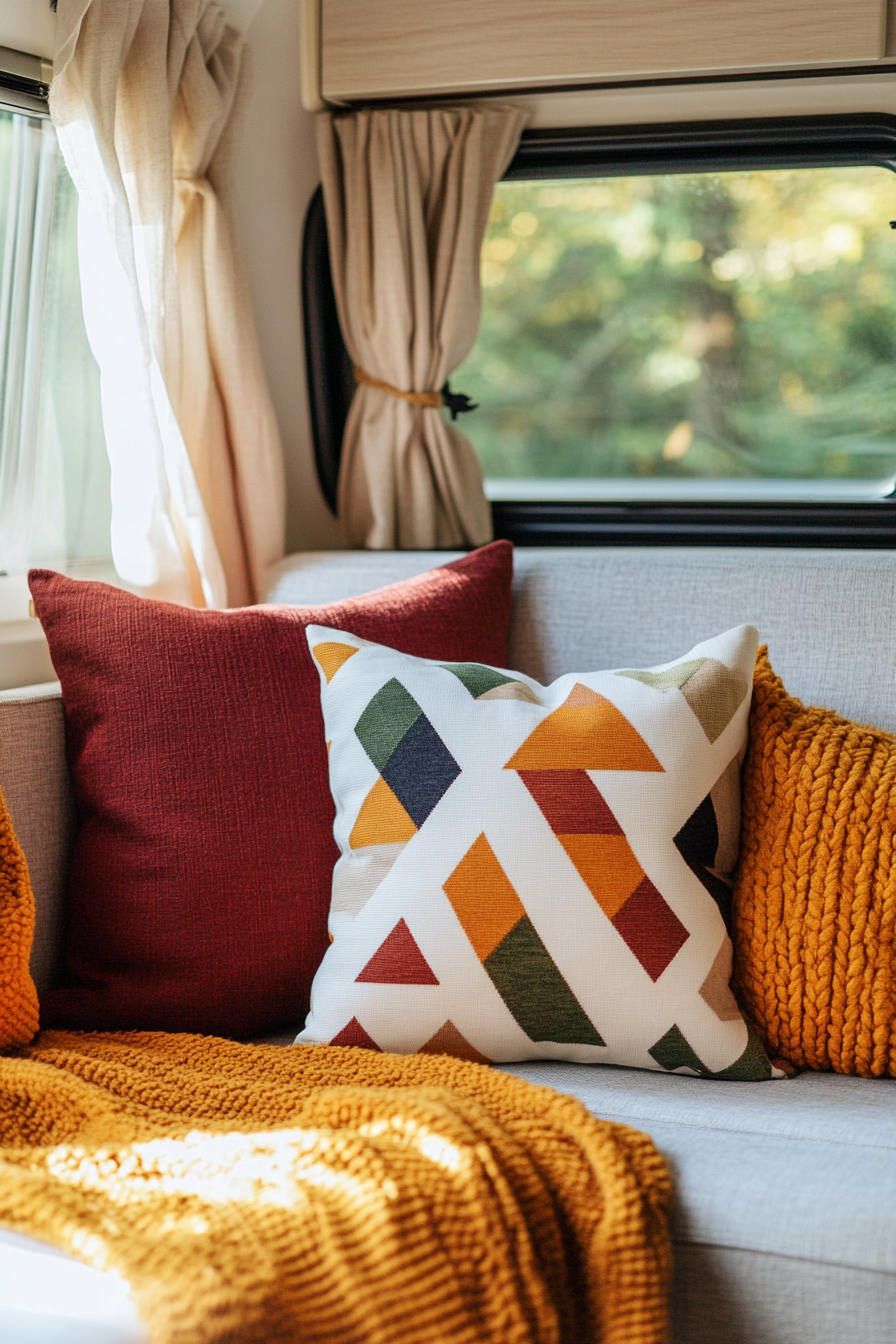 Fall RV decor. Geometric burgundy Bauhaus throw pillows